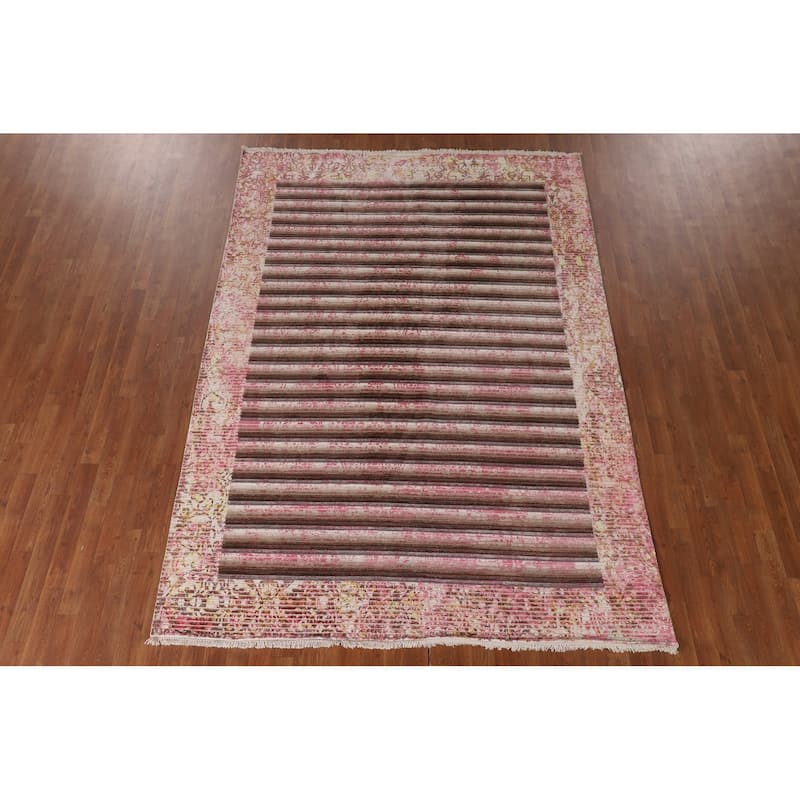 Striped Abstract Modern Area Rug Hand-Knotted Wool Carpet - 5'8"x 9'2"