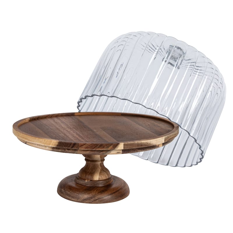 Acacia Wood Pedestal with Fluted Glass Cloche - 12.0"L x 12.0"W x 13.1"H - 12.0"L x 12.0"W x 13.1"H