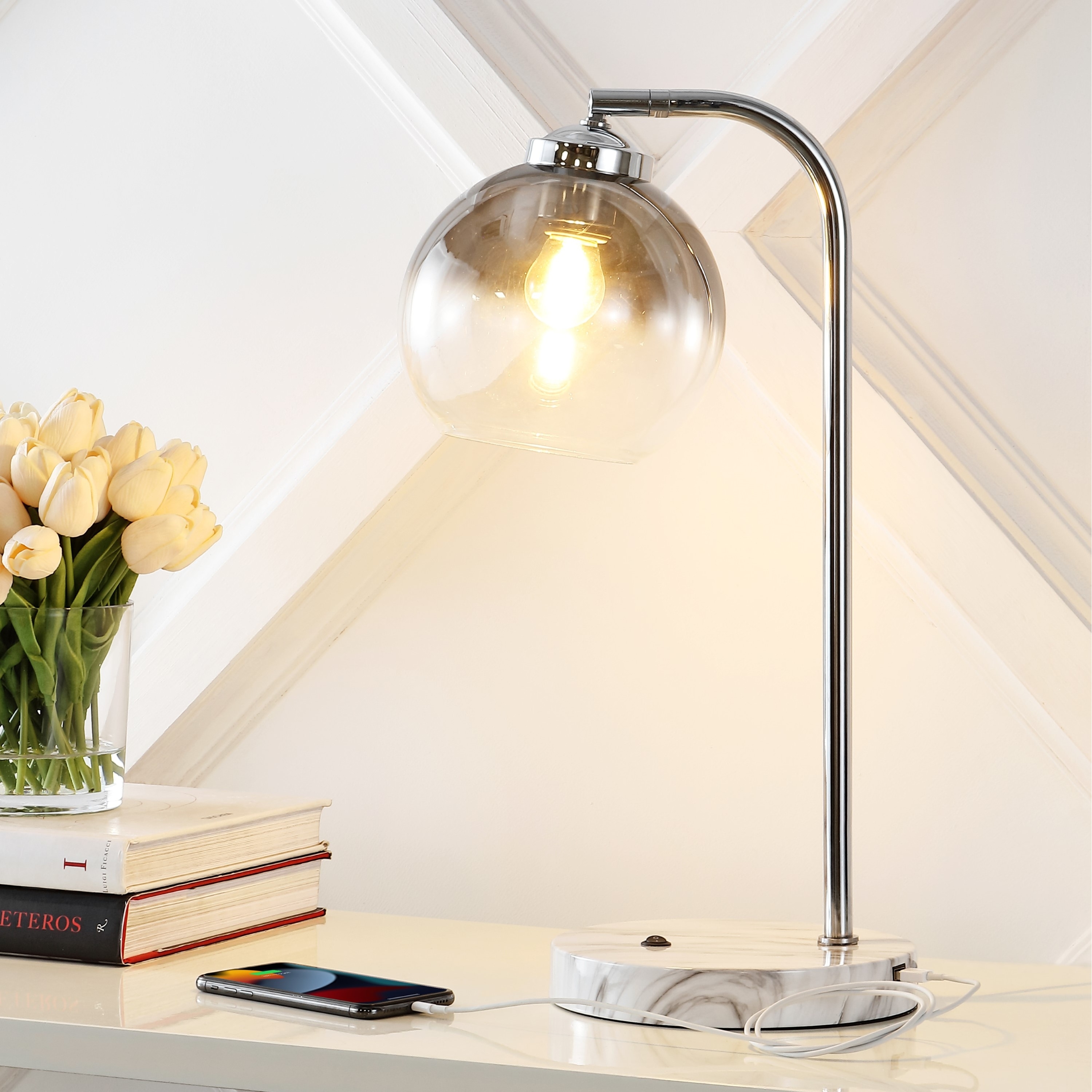 JONATHAN Y Penta 20" Industrial Contemporary Iron/Glass LED Task Lamp with USB Charging Port, Chrome/Smoke Gray