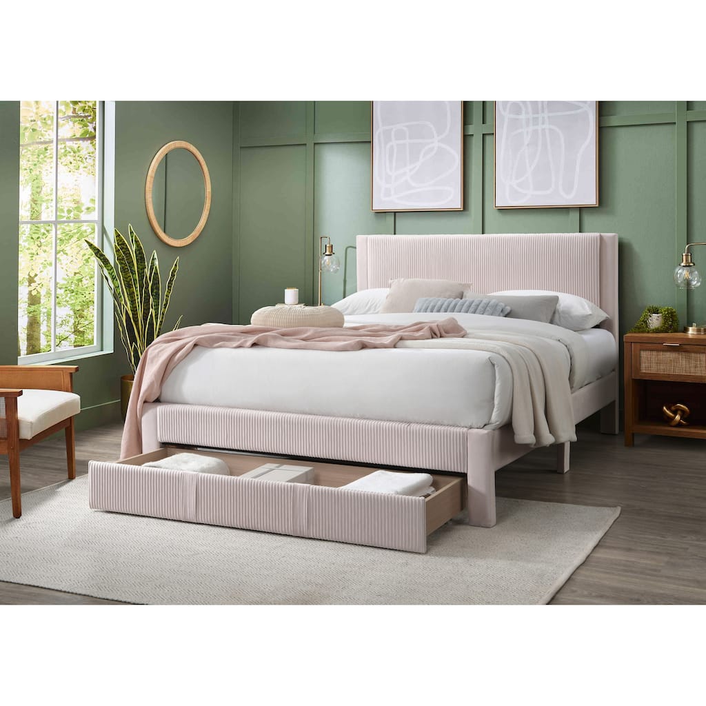 Queen Size Corduroy Upholstered Panel Bed with Under-Bed Storage Drawer and No Box Spring Required