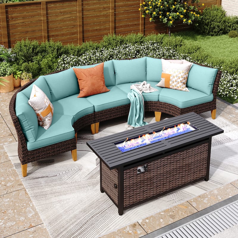 6-11 Piece Patio Outdoor Wicker Sectional Sofa Half-Moon Furniture Set Large Seating Conversation Sets with Fire Pit Table - 5 Seats - Lake Blue