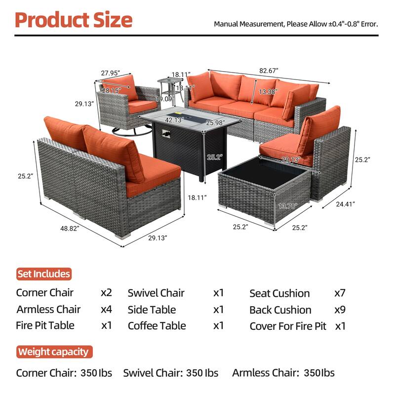 HOOOWOOO 10-piece Wicker Patio Furniture Sectional Sofa Set Swivel Rocker with Fire Pit Table