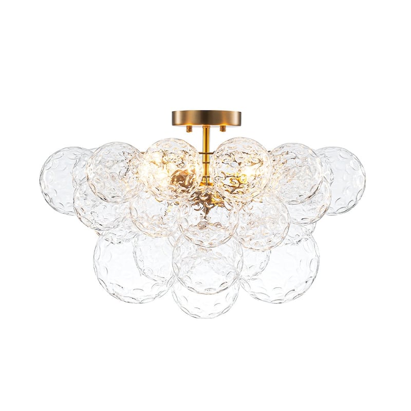 Mid-Century Water Hammered Glass Globe Cluster Bubble Semi Flush Mount