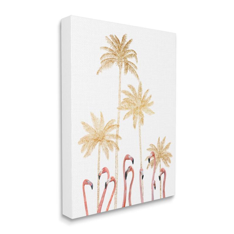 Stupell Tall Flamingoes Golden Palm Trees over White Canvas Wall Art - 16 x 20