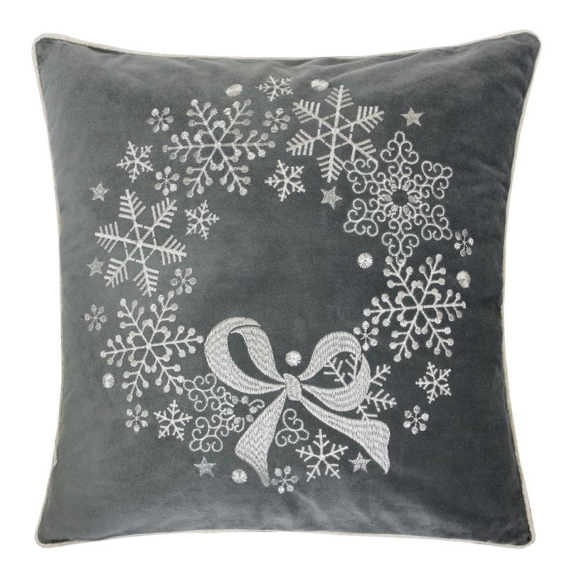 Gray Velvet Holiday Throw Pillow with Snowflake Wreath Embroidery, 20x20 with Insert - Gray