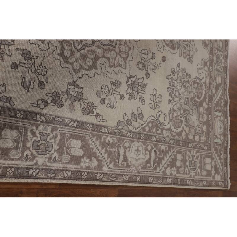 Distressed Tabriz Persian Vintage Area Rug Handmade Beige Wool Carpet - 6'7" x 9'6"