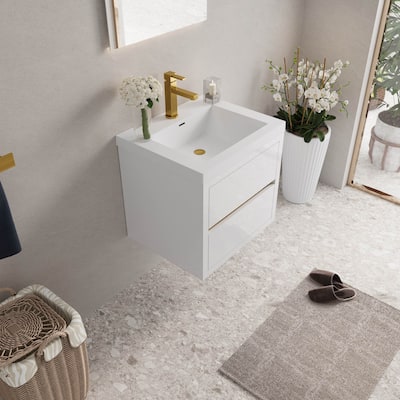 24" White Wall-Mounted Bathroom Vanity with Soft Close Drawers and Top