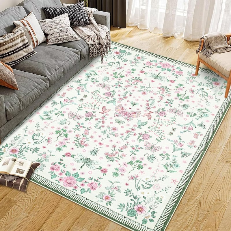 Modern Floral Machine Washable Indoor Waterproof Area Rug for Bedroom, Living Room, Pink - 2' x 3' - Pink 5*7ft