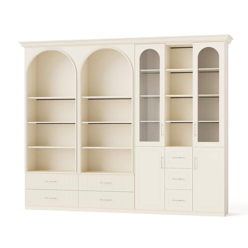Modular Bookcase with LED Lights, Glass Door Storage Cabinet with Drawers, Large Display Shelving Unit Sideboard