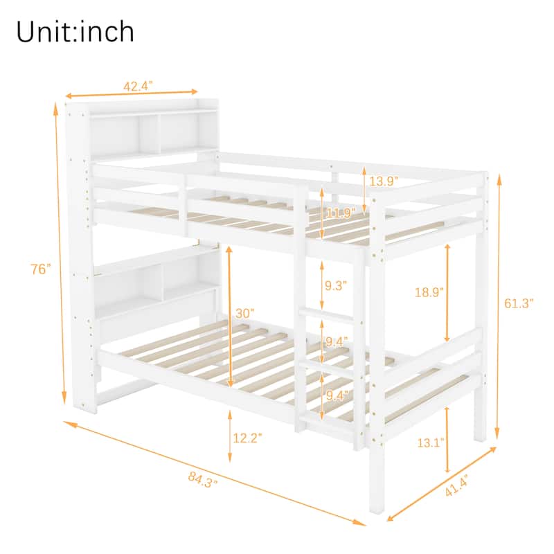 Roomfitters Twin Over Twin Rubber Wood Bunk Bed with Shelves Headboard, Convertible Design, Ladder and Safety Guardrails