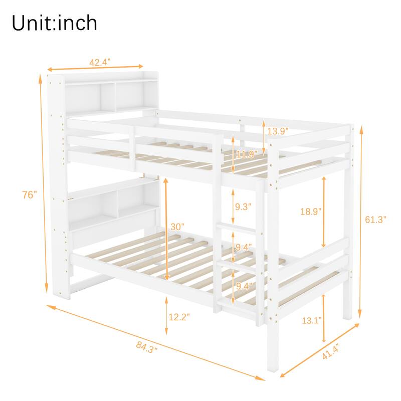 Twin Over Twin Bunk Bed with Shelves Headboard, Solid Rubber Wood Frame with Guardrails, Ladder, and Convertible Design