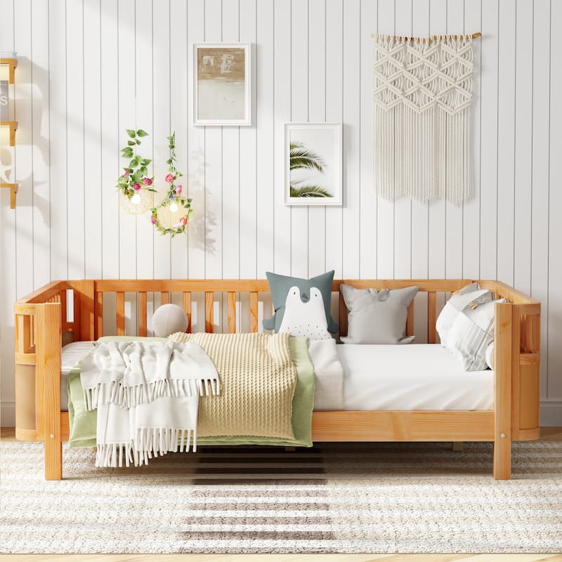 Full Size Wood Platform Bed with Rails for Kids