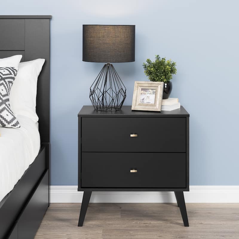 Prepac Milo Mid-Century Modern 2 Drawer Nightstand, Bedside Table, Contemporary Bedroom Furniture