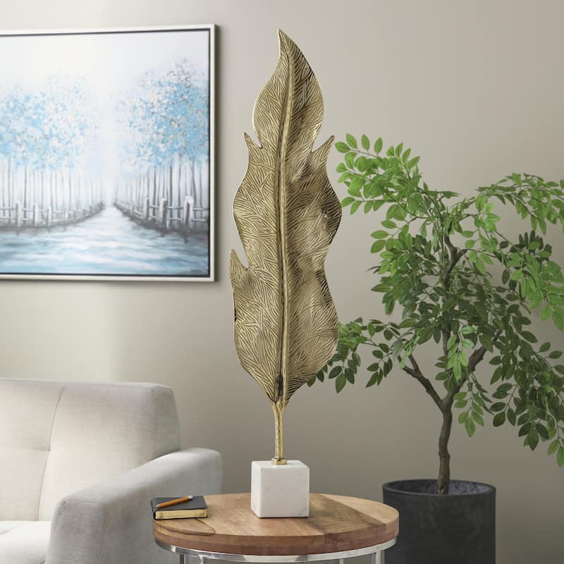 Aluminum Metal Leaf Tall Textured Decorative Sculpture with White Marble Base - Gold - Roche River Decor
