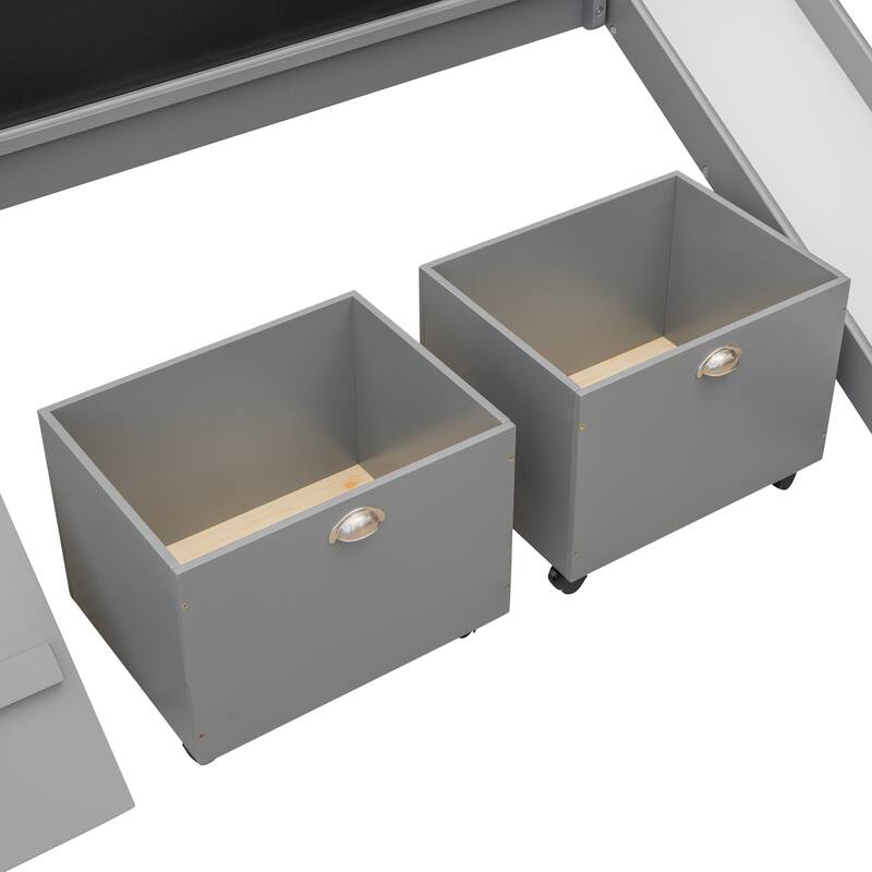 Twin Size Loft Bed with Storage Boxes and Climbing Frame - Gray