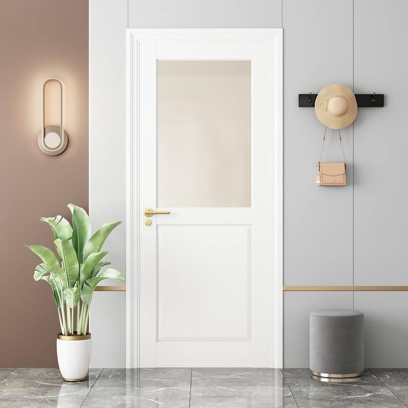 80"H Primed Finish Half Frosted Glass Half Panel French Door Interior Slab Door - 28X80