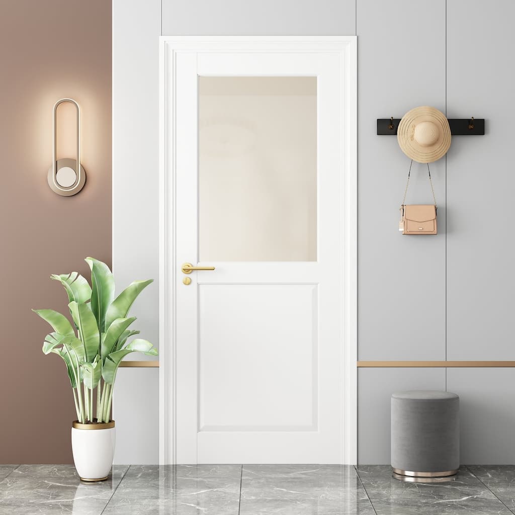 80"H Primed Finish Half Frosted Glass Half Panel French Door Interior Slab Door