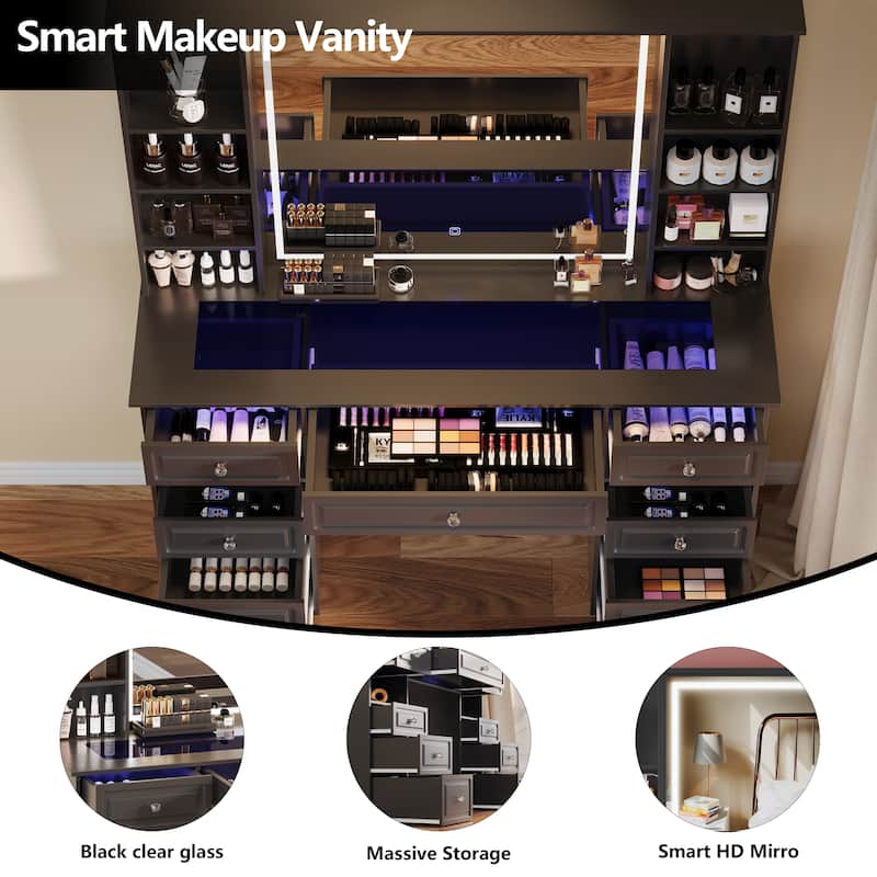 Modern Vanity Set with Lighted Mirror,Extra Large Mirror Makeup Vanity Table with 9 Drawers,European Style Vanity