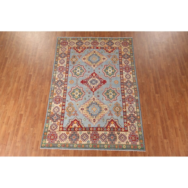 Light Blue Kazak Oriental Area Rug Handmade Wool Carpet - 6'6" x 9'7"