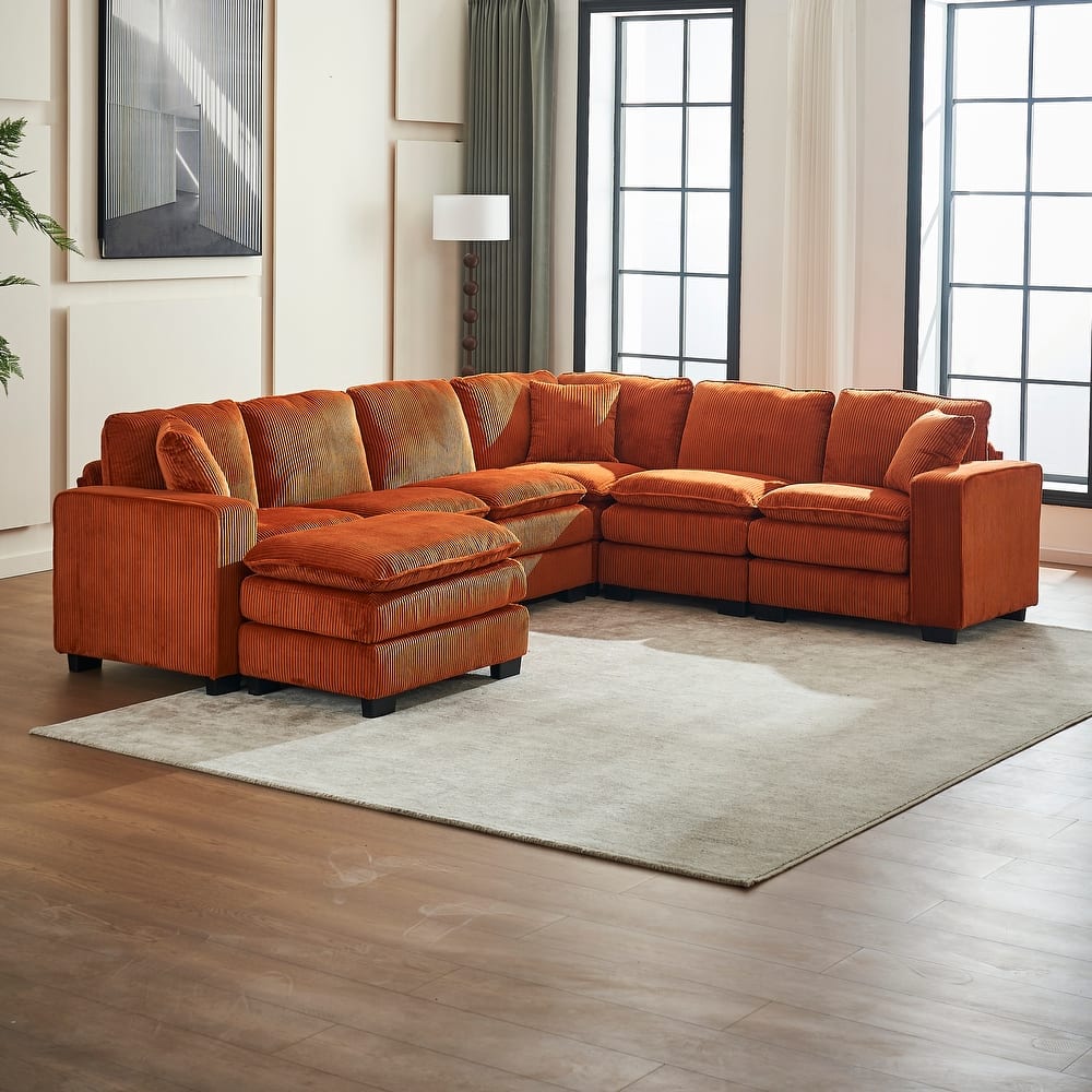 Modern U Shaped 6-seat Sectional Sofa Couch with Ottoman 3 toss pillows ,Modular Sofa for Living Room,Corduroy Sofa