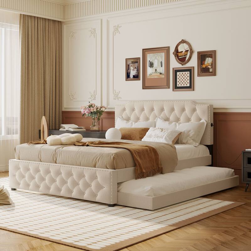 Queen Size Linen Fabric Platform Bed with Twin Size Trundle Upholstered Bed and 2 sets of USB Ports Storage Bed, Panel Bed