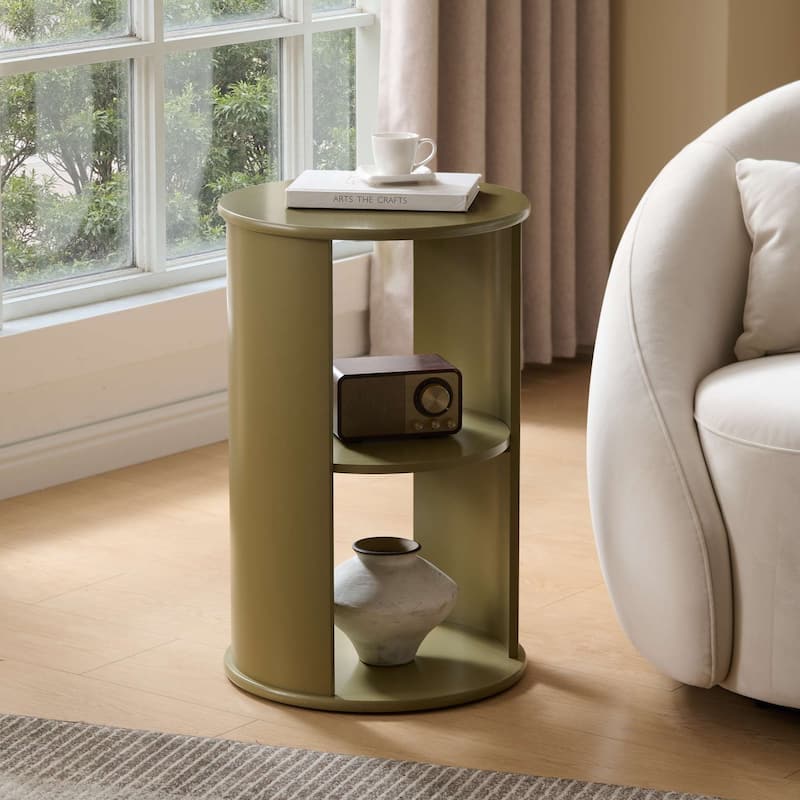 Evan Contemporary Wood Round Side Table with Storage - Lemon Pepper
