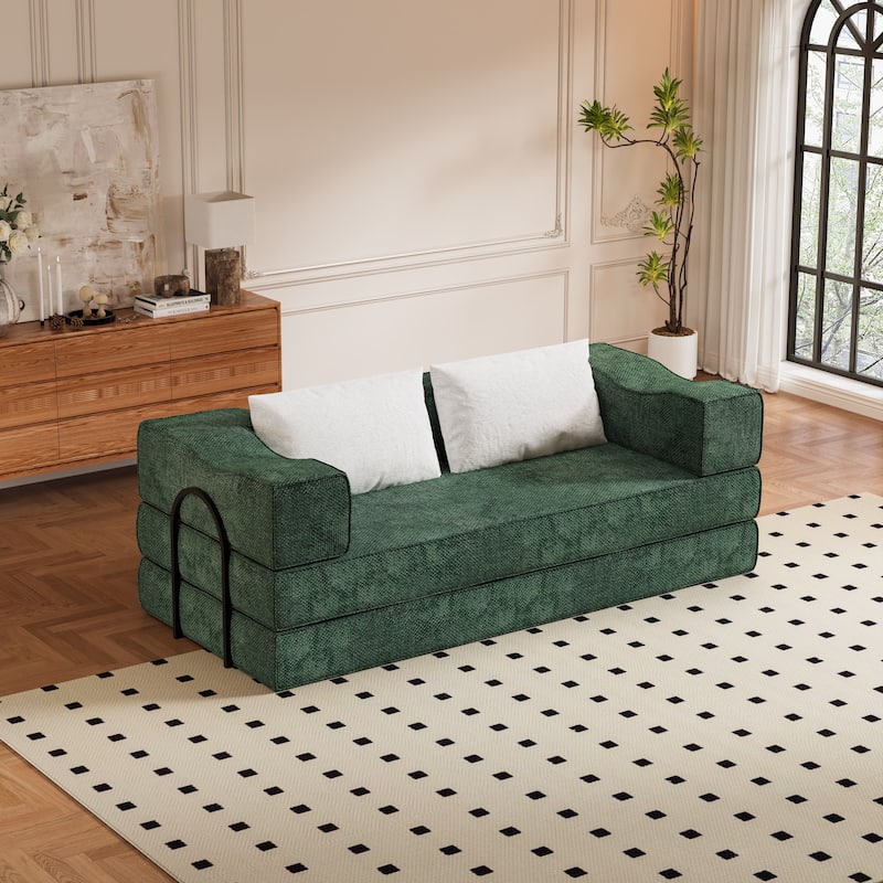 80" Convertible Sofa Bed with 2 Pillows, 2-Seat Folding Floor Couch, Multifunctional Chenille Loveseat Living Room Sleeper Sofa - Green