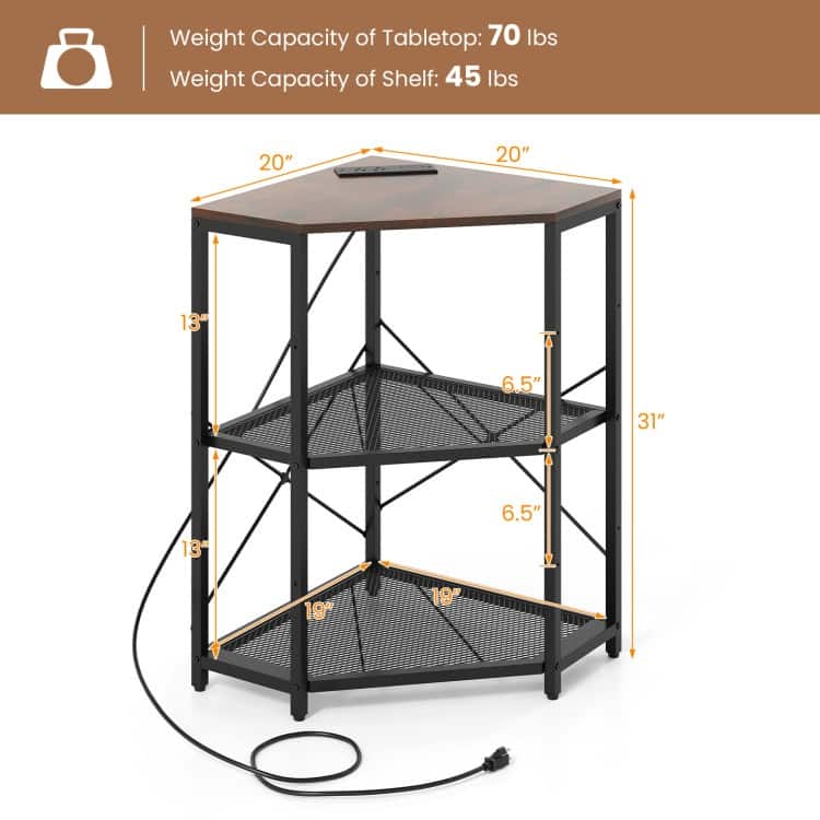 Metal and Engineered Wood Corner Printer Table with Power Strip and Adjustable Shelves - 20" L x 20" W x 31" H