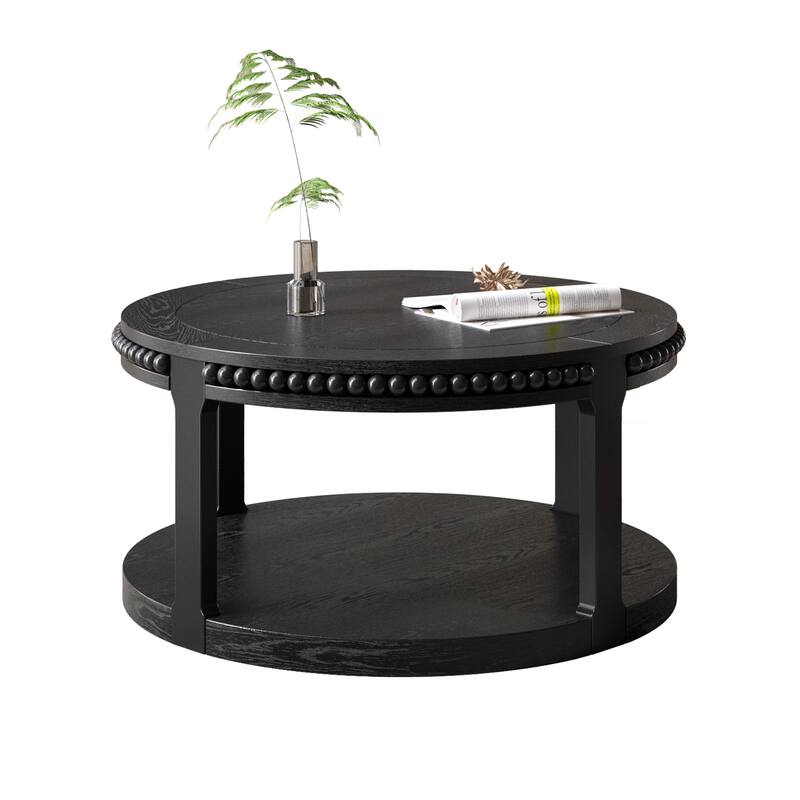 31.5 inch Round Solid Wood Coffee Table Two Tier Thickened Top Sturdy Legs Living Room Walnut