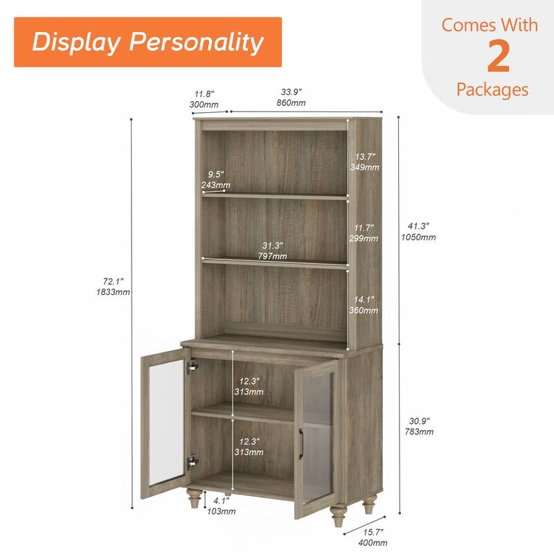Wash Gray Bookcase with Doors, Large Wood Farmhouse Book Case Shelf - wash grey