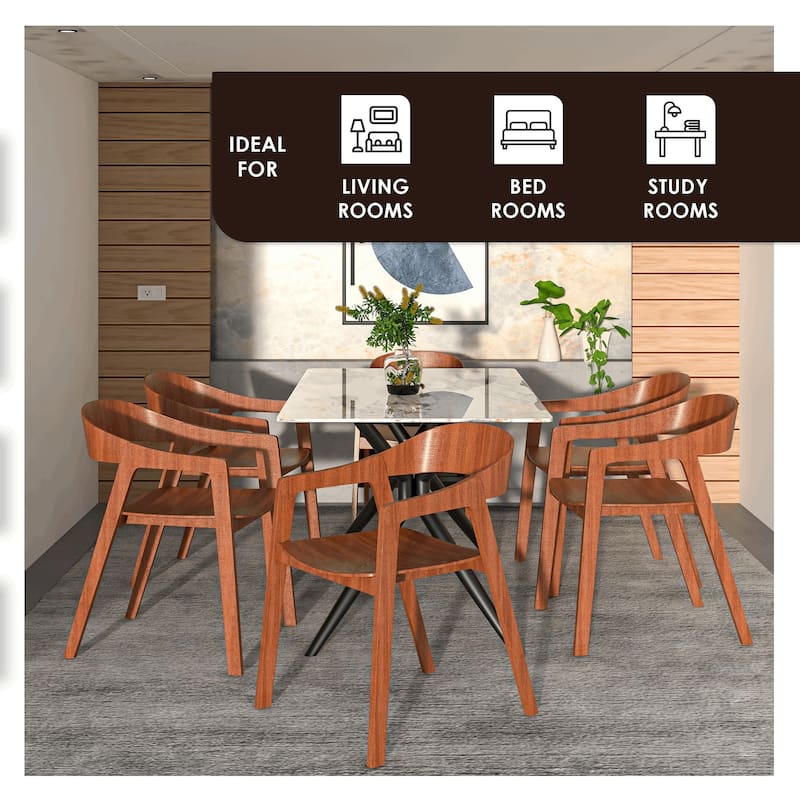 Dining Chair in Oak Wood with Open Back Design and Armrests Set of 4 Rivo Series