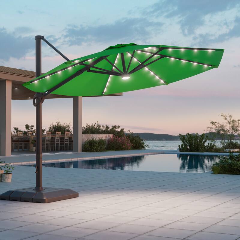 LIVOOSUN 11Ft LED Patio Hanging Octagon Cantilever Umbrella with 360-degree Rotating Canopy - Green