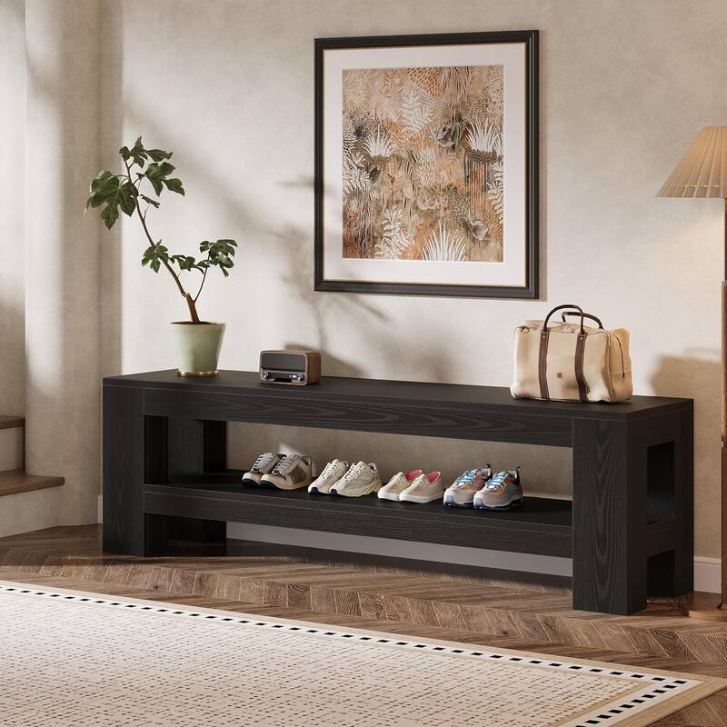 Wooden Entryway Bench with Storage Shelf, Console Shoe Bench, Hallway Kitchen End of Bed Accent Seat Storage Bench for Bedroom - Black