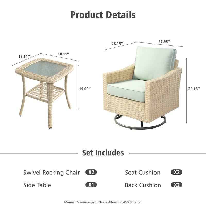 HOOOWOOO 3-piece Rattan Patio Swivel Rocking Chair Set with Side Table