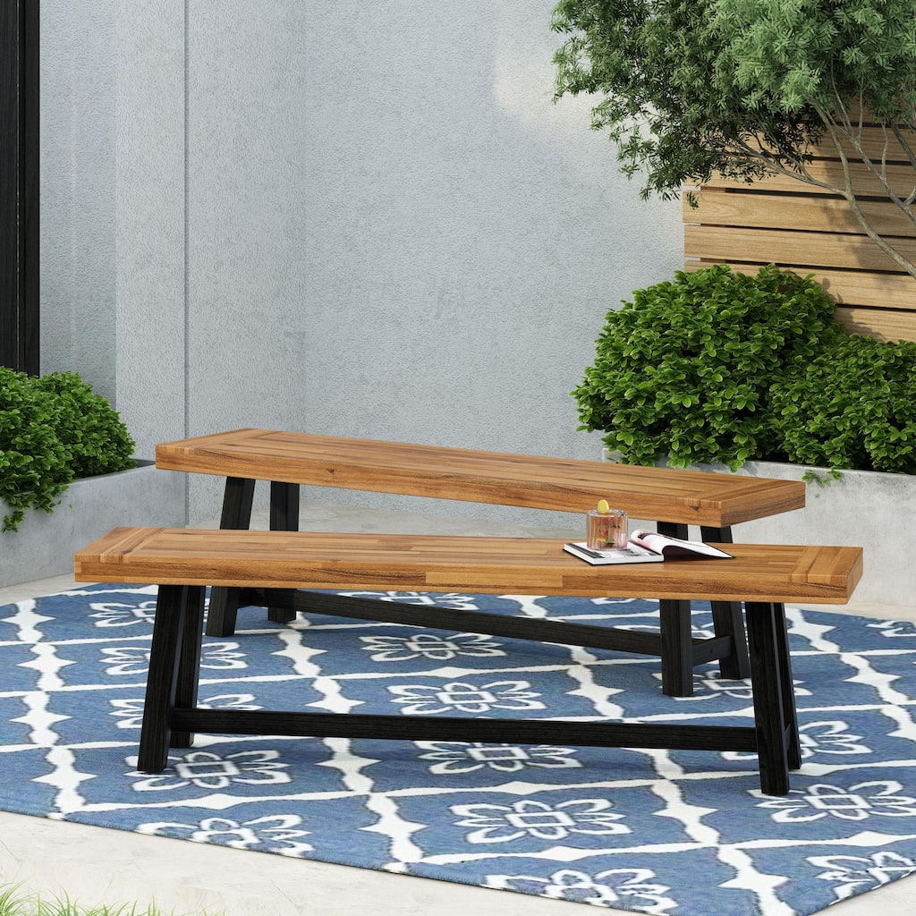 Roomfitters Outdoor Acacia Wood Dining Benches with H-Stretcher Base, Rustic Farmhouse, Set of 2
