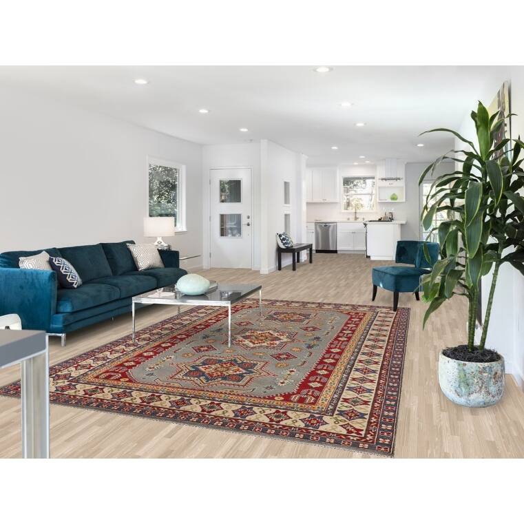 Geometric Grey Kazak Area Rug Handmade Bedroom Wool Carpet - 6'10" x 10'3"