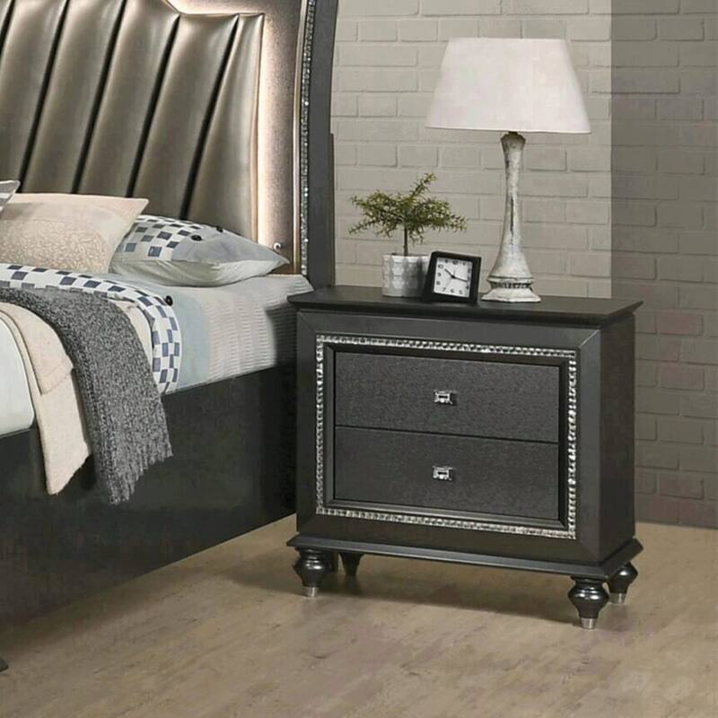 Solid Rubberwood Nightstand with 2 Drawers in Metallic Gray Finish