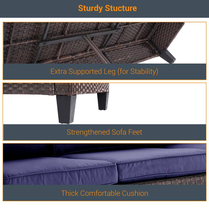 Livoosun 8 Pieces Patio Sofa with 28'' Fire Table Set, PE Wicker, Wide Armrests High Back Sofa Chair Design for Lawn, Patio