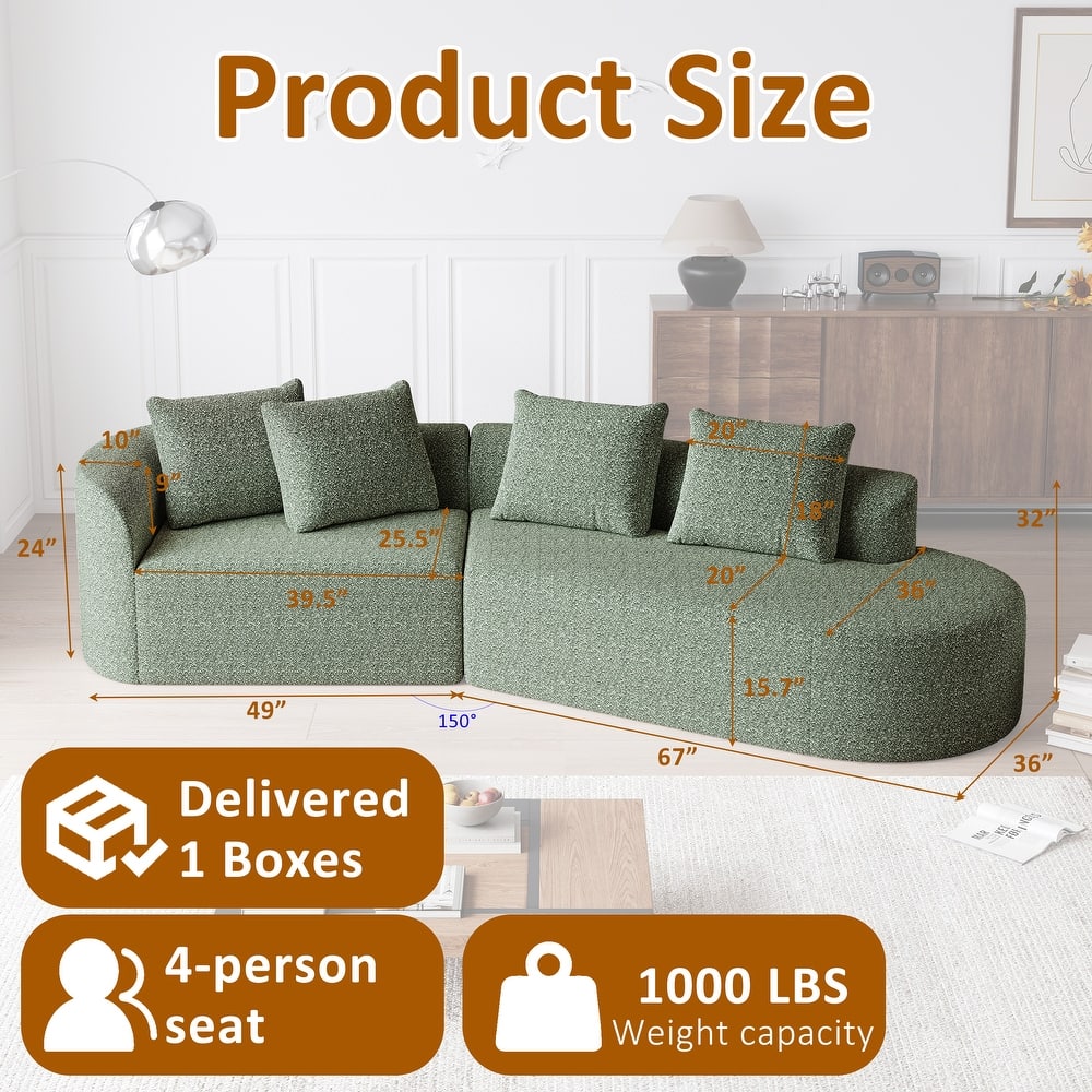 Modular Curved Sectional Sofa, Oversized Chenille Cloud Couch, Compressed Upholstered Sofa with 4 Throw Pillows