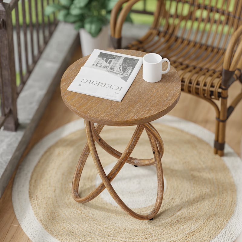 COZAYH Farmhouse End Table Round Wood Side Table Rustic Plant Stand With Intertwined Line Design