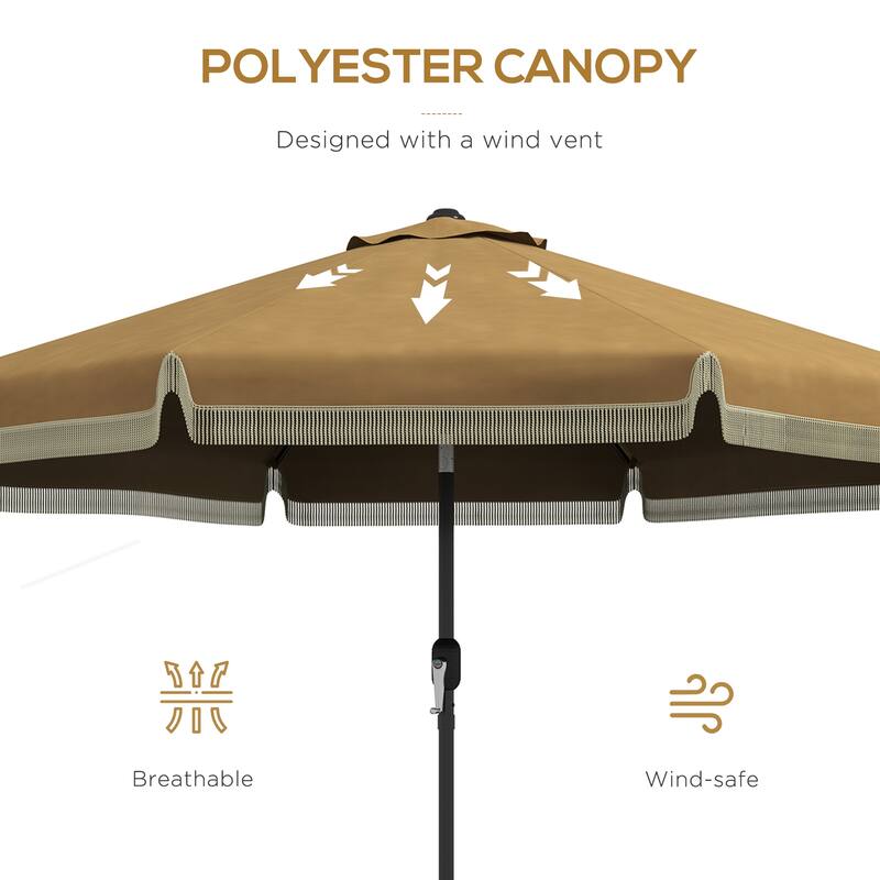 Outsunny 9ft Patio Umbrella with Push Button Tilt and Crank, Ruffled Outdoor Market Table Umbrella with Tassles and 8 Ribs