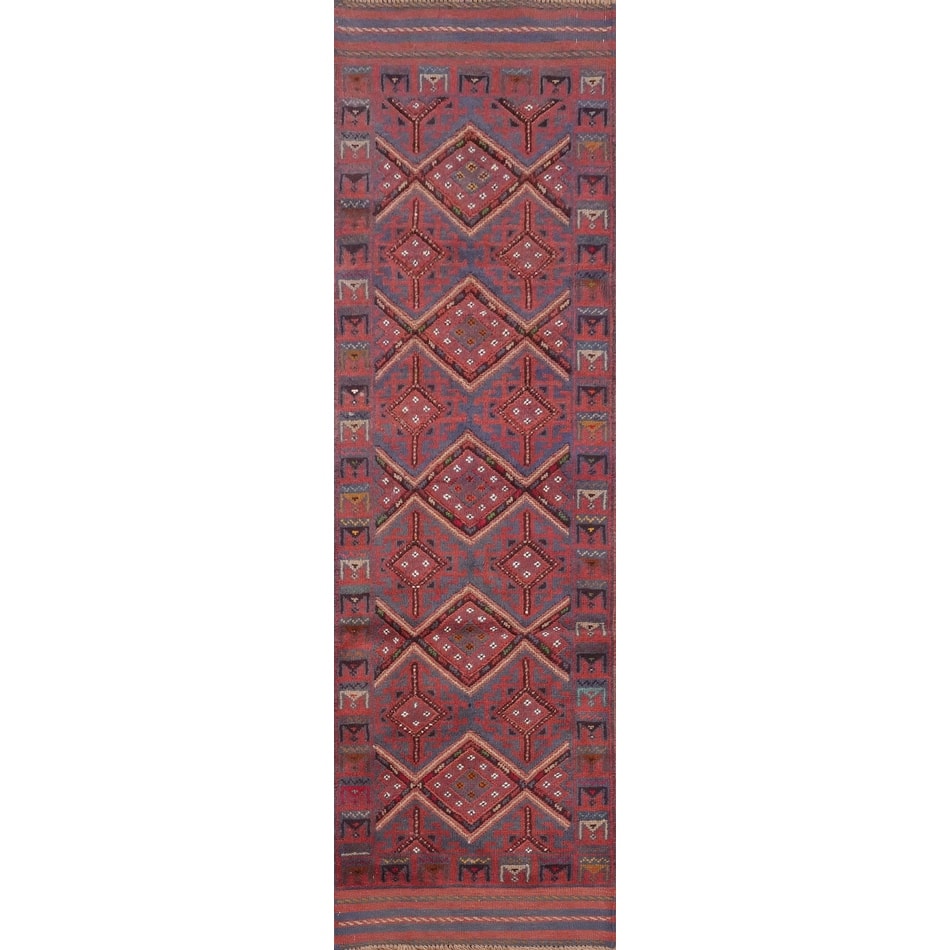 Hand Knotted Oriental 100% Wool Carpet Traditional Tribal Navy Blue & Blues Balouch Runner Rug - 7' 10'' X 2' 0''