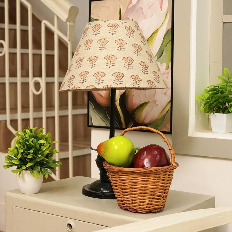 Fabdivine Kohinoor Linen Blend Floral Brown Hand Block Print Drum Detachable Table Lampshade for Home & Living Room Décor