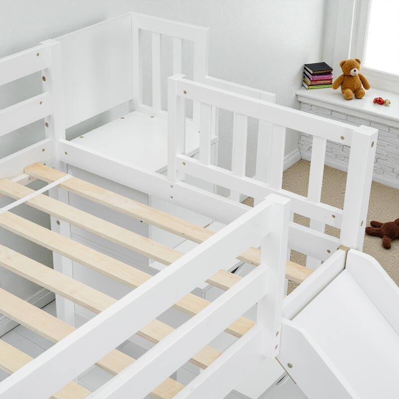 Twin Over Full Bunk Bed with Slide and Storage Staircase, Solid Pine Wood Frame with Guardrails and Drawers