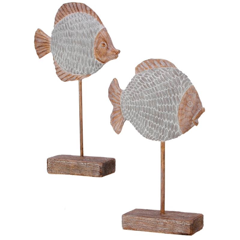 Resin 'Fabric Weave' Fish On Pedestal 12.5"T Set of 2 - 7.48