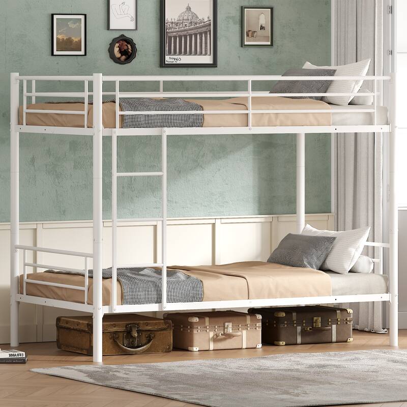 Bunk Bed Twin Over Twin, Metal Bunk Bed with Built-in Ladder and Safety Guardrail, Space-Saving Twin Bunk Beds - White