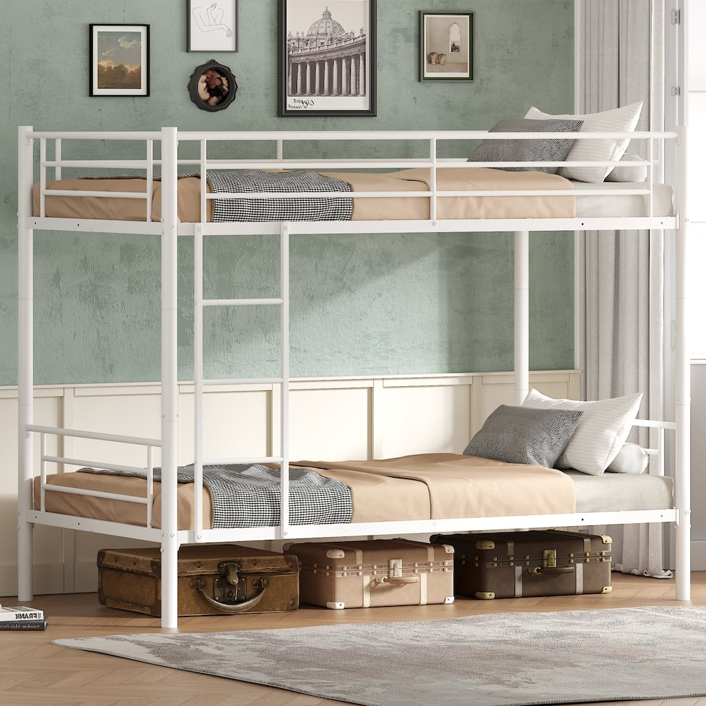 Bunk Bed Twin Over Twin, Metal Bunk Bed with Built-in Ladder and Safety Guardrail, Space-Saving Twin Bunk Beds