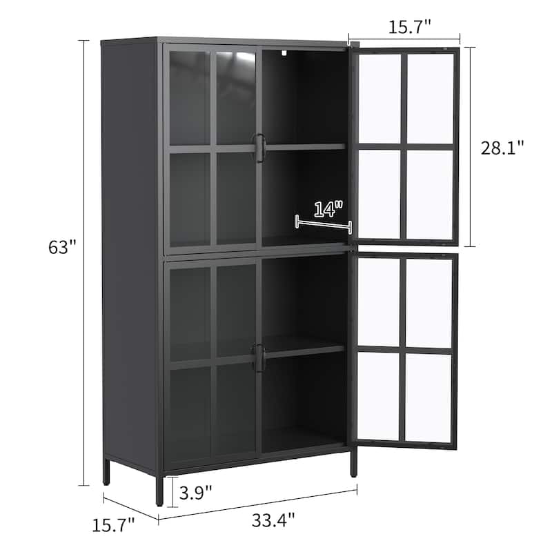 Metal Storage Cabinet with Tempered Glass Doors,Adjustable Shelves,Anti-Tipping Device,Magnetic Silent Closure,Adjustable Feet