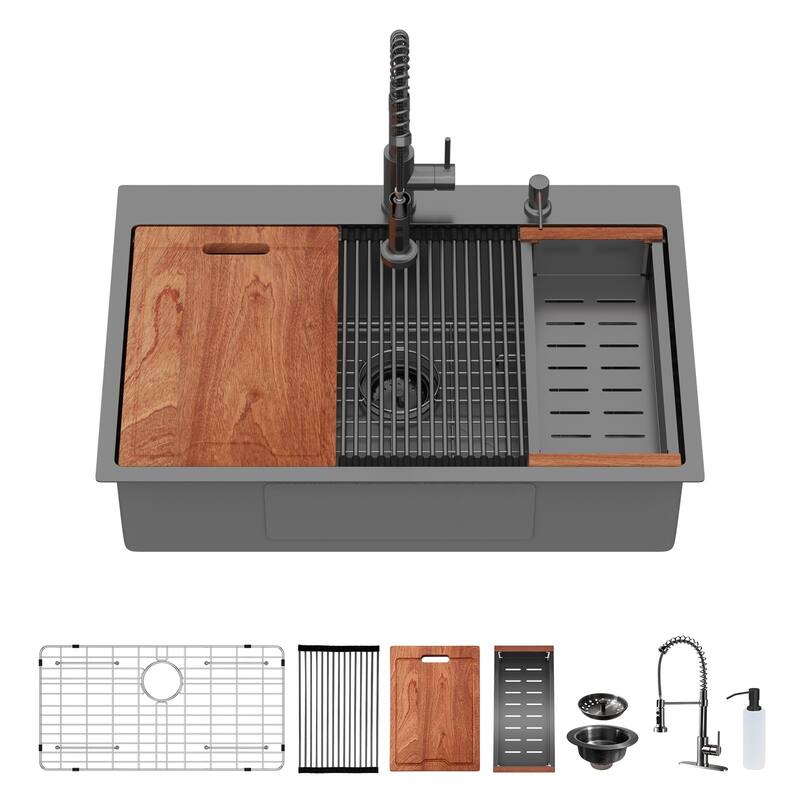 33" Drop-in Workstation Gunmetal Black Kitchen Sink with Pull-out Faucet and Soap Dispenser - Single Bowl 16 Gauge