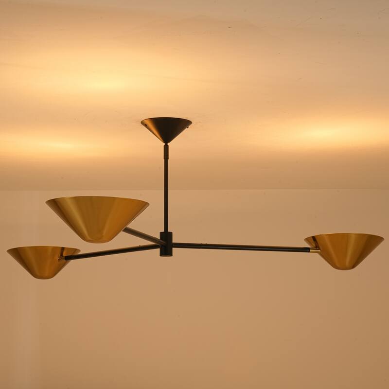 53.93" W 3-Light Modern Black & Brass Linear Sputnik Cone Semi-Flush Mount Ceiling Light - 53.94" W × 16.93" H